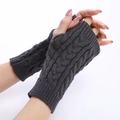 Dark grey cable knit fingerless gloves for women with thumb hole and ribbed cuffs - Dark Gray