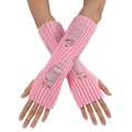 Pink knit fingerless arm warmers with distressed hole design and ribbed texture - Pink