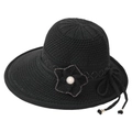 Women's black sun hat with breathable knit texture and elegant floral pearl accents - One Size Adjustable / Black