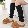 Winter set with brown plush slippers and black cable knit leg warmers for women - One Size / Black