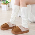 Winter set with brown plush suede slippers and white cable-knit leg warmer socks - One Size / White