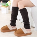 Thick cable knit leg warmers in dark brown paired with cozy faux fur lined slippers - One Size / Dark Gray