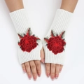 Mitaines tricotées blanches pour femme avec broderie rose rouge et texture côtelée - Taille unique / Fond Blanc - Fleur Rouge