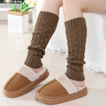 Coffee brown chunky cable knit leg warmers paired with plush winter home slippers - One Size / Khaki