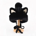 Plush black cat ear beanie with fuzzy pom-poms and warm knit strings for winter - One Size / Black