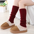 Thick cable knit leg warmers in wine red paired with cozy brown faux fur house slippers - One Size / Burgundy