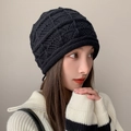 Adjustable black knit beanie with thick hollow texture for warm winter fashion style - Black