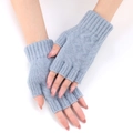 Soft light blue knitted fingerless arm warmers with ribbed cuffs for women - Light Blue