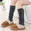 Thick black and white cable knit leg warmers with brown faux fur platform slippers - One Size / Black+White