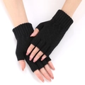 Women's black knit fingerless arm warmers with diamond pattern and ribbed cuffs - Black