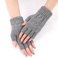 Grey knitted fingerless gloves for women with ribbed cuffs and soft wool blend texture - Gray