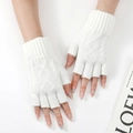 Knitted white fingerless arm warmers with classic cable knit texture and ribbed cuffs - White