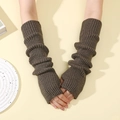 Brown Y2K knitted fingerless arm warmers with a long ribbed design for women - Dark Gray