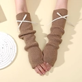 Mitaines en tricot marron avec nœuds en ruban blanc dans un style esthétique y2k - Kaki-Nœud Beige