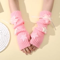 Pink knit arm warmers with plush stars and ribbons in Y2K style for women - Pink With Pink Star