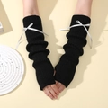 Black knit fingerless gloves with white satin bows featuring a stylish Y2K aesthetic - Black-Gray Bow