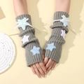 Grey Y2K knitted arm warmers featuring colorful plush stars and white ribbon bows - Light Gray With Blue Star