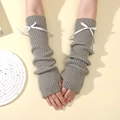 Mitaines grises tricotées Y2K avec nœud en ruban blanc et design de manche bouffante - Gris Clair-Nœud Gris