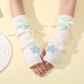 White knit arm warmers with glitter stars and silk ribbons in a sweet Y2K college style - White With Blue Star