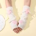 White knitted Y2K arm warmers with plush pink stars and delicate satin ribbons - White With Pink Star