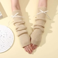 Mitaines tricotées Y2K beige avec nœuds en ruban blanc et texture côtelée souple - Beige-Nœud Beige