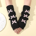 Black Y2K knit arm warmers featuring six pink bow accents and ribbed texture finish - Black Base - Pink Bow