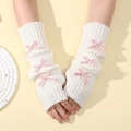 Chic cream white Y2K knit arm warmers featuring pink bows and thumb hole design - White Base - Pink Bow