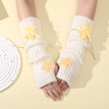 Y2K white knit arm warmers with plush yellow stars and ribbon bow detail for girls - White With Yellow Star