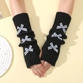 Y2K black knit fingerless arm warmers with blue checkered bow details for women - Black Base - Blue Bow