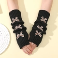 Black ribbed knit fingerless gloves with three brown striped bows in y2k style - Black Base - Coffee Bow