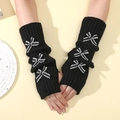 Black Y2K knit arm warmers with striped ribbon bows and fingerless thumb hole design - Black Base - Black Bow