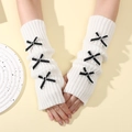 Cream knit fingerless gloves featuring three black and white striped bow accents - White Base - Black Bow