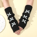 Black knitted arm warmers with blue lace bows in long fingerless Y2K style - Black Base - Green Bow
