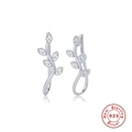 Close-up of S925 sterling silver vine leaf earrings with sparkling marquise-cut zircon stones - Silver-White Zircon