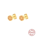 Detail showing S925 sterling silver lemon slice earrings with orange enamel and gold finish - Gold-Orange