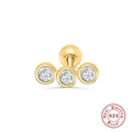 Drei-Steine S925 Sterling Silber Ohrstecker mit Goldbeschichtung und Zirkonia-Besatz - Stil mit Zargenfassung für drei Steine (#26) / 1 Stück/Packung / Gold