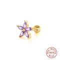 S925 sterling silver screw back stud earring with purple zircon flower blossom - Single Piece / Gold-Purple Zirconia