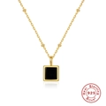S925 Sterling Silber Halskette mit quadratischem schwarzem Achat Anhänger und Goldperlen - 925er Silber / Gold-Achat