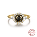 S925 sterling silver sunflower ring with black gemstone and gold braided band - US 6 / Sunflower Design Woven Texture Gold Ring