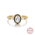 Gold plated S925 silver ring with oval clear stone and black halo stones accent - US 6 / Gold Oval Main Stone Black Halo Design Ring