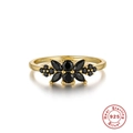 S925 sterling silver gold ring with marquise cut black stones in floral design - Gold Marquise Round Black Zirconia Flower Ring