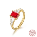 Luxurious S925 sterling silver gold plated open ring with red stone and clear zircons - Adjustable Open / Rectangle Red Zirconia (Style 3) / Gold