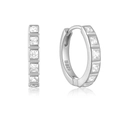 Detail of S925 sterling silver stamp and square-cut cubic zirconia inlay on hoop earrings - Style 2 / White Gold