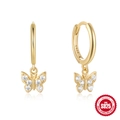 Elegant gold S925 sterling silver hoop earrings with sparkly butterfly zircon pendants - Style 1 Gold-White Zirconia