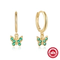 S925 sterling silver hoop earrings with gold plating and green zircon butterfly drops - Style 1 Gold-Green Zirconia