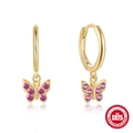 S925 sterling silver butterfly drop earrings with vibrant pink zircon stones - Style 1 Gold-Rose Red Zirconia