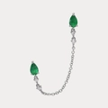 Macro view of S925 silver earring featuring pear-cut green emeralds and fine link chain - 925 Silver / White Gold