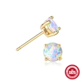 Classic S925 sterling silver four-prong opal stud earrings with vibrant blue-green fire - Round Opal Style / Gold