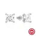 Boucles d'oreilles S925 en argent sterling avec zircone cubique carrée à quatre griffes - Style Taille Princesse / Or blanc