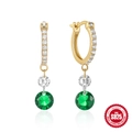 Pendientes Huggie de plata S925 con piedra de esmeralda y circonitas blancas brillantes - Estilo Colgante Redondo / Dorado-Zirconia Verde